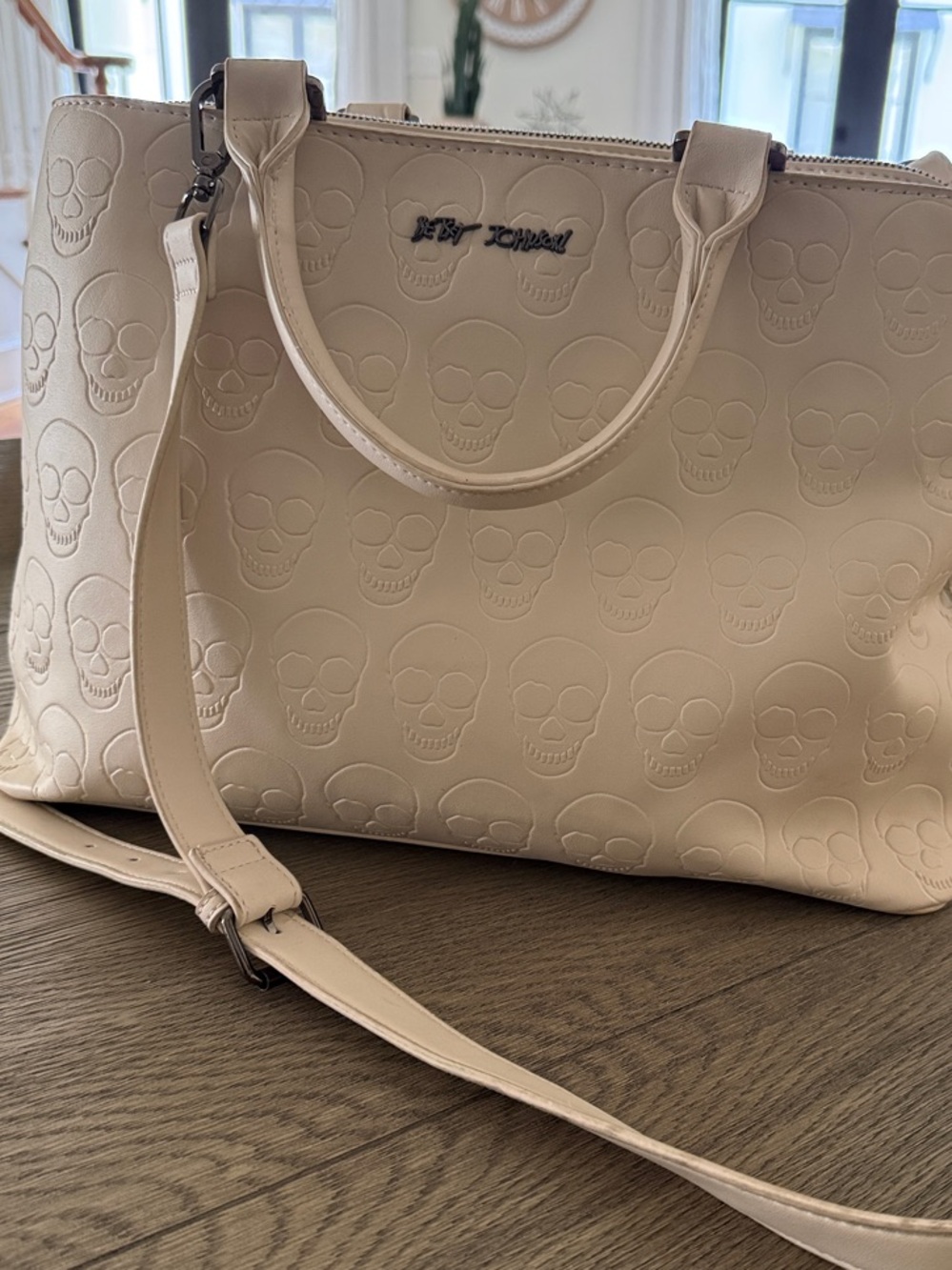 Betsey Johnson Cream Embossed Skull Satchel with Removable Strap